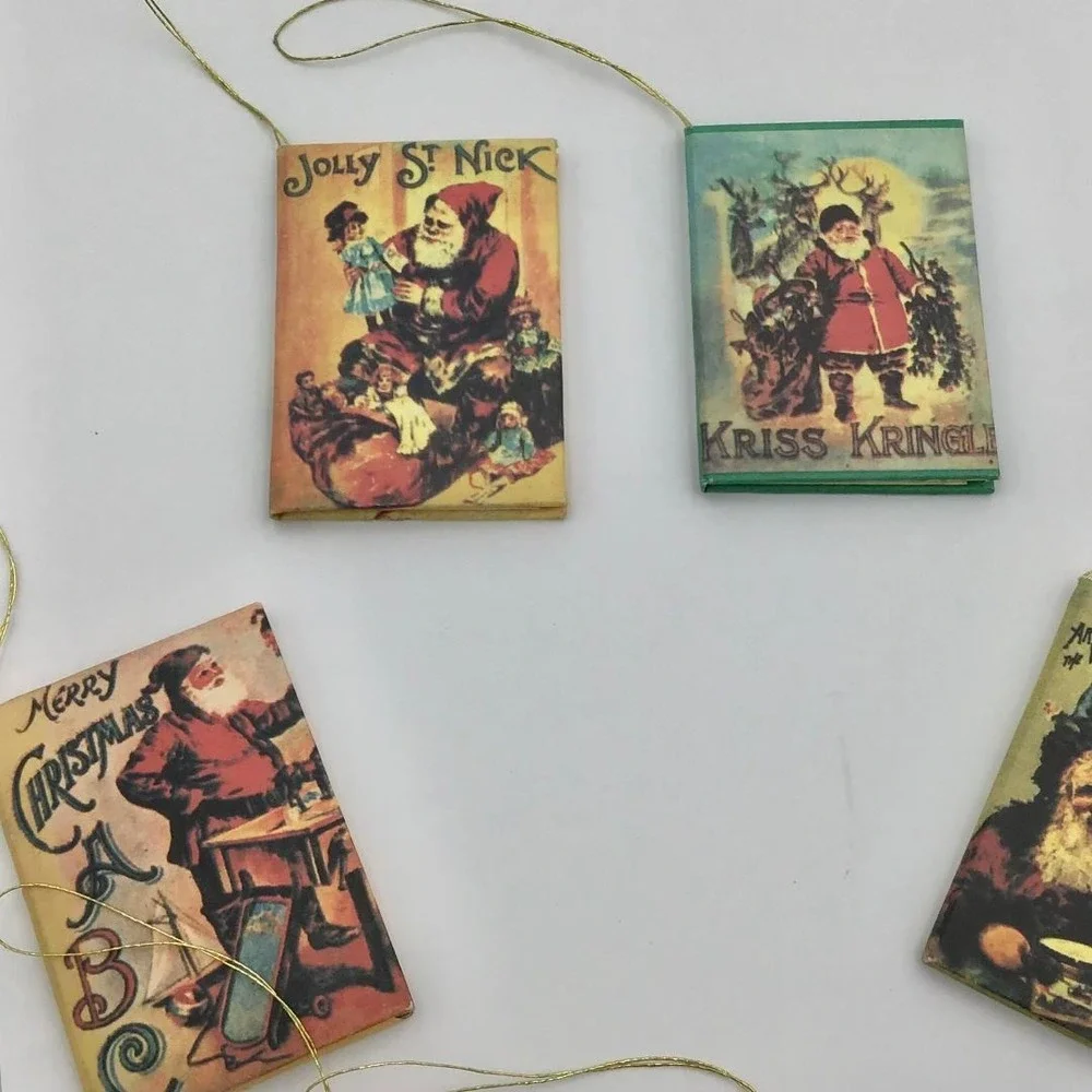 Vintage Miniature Book Christmas Ornaments Set 6 Victorian Santa Christmas Carol